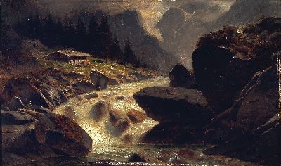 Aristide Benon, 1853-1924, französisch, Hochgebirgslandschaft mit Bachlauf vor Bauernhaus, Öl/Holz, links unten signiert, 15 ,5x25,5 cm, breiter ...