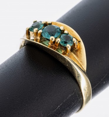 14 kt Gold Zirkon-Ring, GG 585/000, 3 rundfacett. Zirkone zus. ca. 0.70 ct, ca. 4.1 g, RW 58