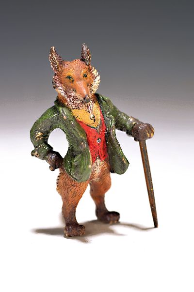 Wiener Bronze, galanter Fuchs mit Gehstock, sign. Bergmann, bunt staffiert, rechte Fußsohle sign., H.ca. 8 cm