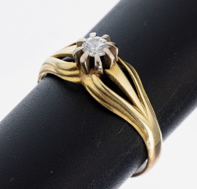 14 kt Gold Brillant-Ring, GG 585/000 gepr.,Ringschiene erneuert, Brillant ca. 0.20 ct Weiß/si, RW 64, ca. 3.5 g
