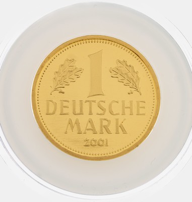 1 Deutsche Mark, sogn. Goldmark, Deutsche Bundesbank 2001, Münzkapsel, Orig.-Etui, Zertifikat