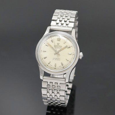 ROAMER Rotopower Armbanduhr in Stahl Referenz 180459, Schweiz um 1960, Automatik, Boden aufgedr., Reiskornband m. Faltschl., silb. Zifferbl. pat., ...