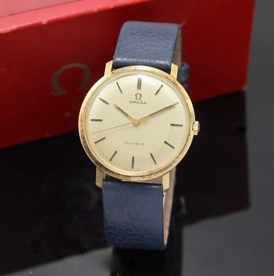OMEGA Geneve Armbanduhr in GG 585/000 Referenz 1317021, Schweiz um 1969, Handaufzug, 3- teil. Geh. (pat.) inkl. Lederband m. Dornschl., Boden u. ...