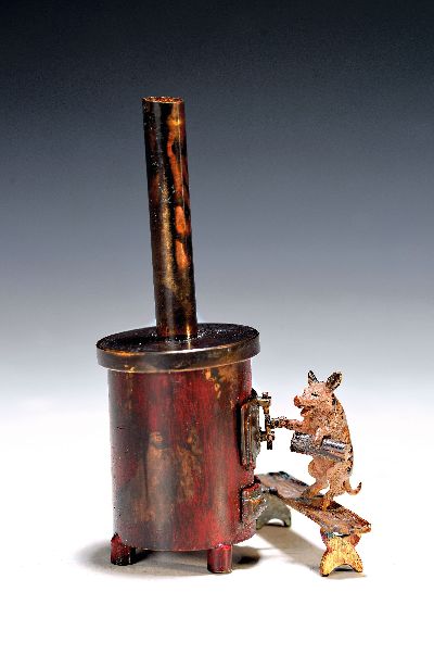 Wiener Bronze, Schweinchen am Ofen, sign. Wasserkrug, bunt staffiert, H.ca. 12 cm