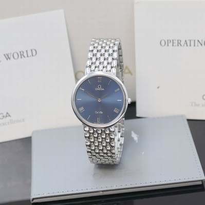 OMEGA De Ville flache Armbanduhr in Edelstahl, Schweiz um 1990, quarz, 2-teil. Geh. inkl. orig. Gliederband m. Faltschl., Boden aufgedr., blaues ...