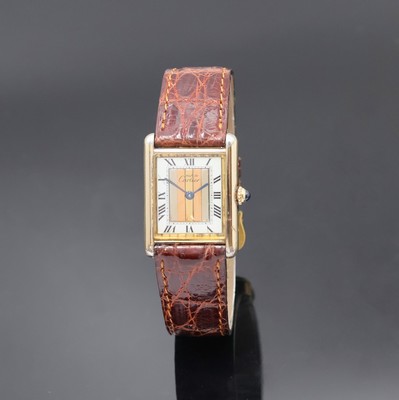CARTIER Vermeil Armbanduhr Referenz 59005, Schweiz um 1990, quarz, verg. Geh. in 925er Silber, Boden 4-fach verschr., Schmuckkrone, orig. Lederband ...
