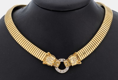 18 kt Gold Rubin-Brillant-Collier "Raubtier", GG/WG 750/000, 4 rundfacett. Rubine als Augen zus. ca. 0.06 ct, 66 Brillanten zus. ca.0.80 ...
