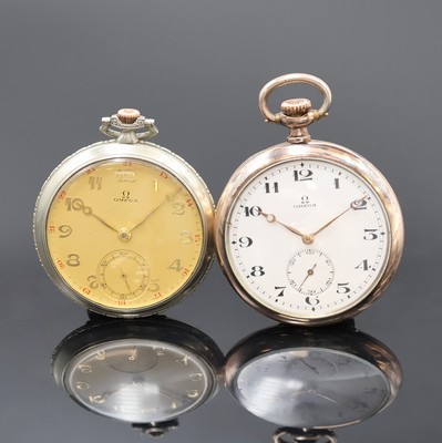 OMEGA 2 offene Taschenuhren in Silber, Schweiz um 1920/1930, Gehäuse dell., 1x guill. Rückseite m. Monogrammspiegel, 1x m. Streifendekor, 1x ...