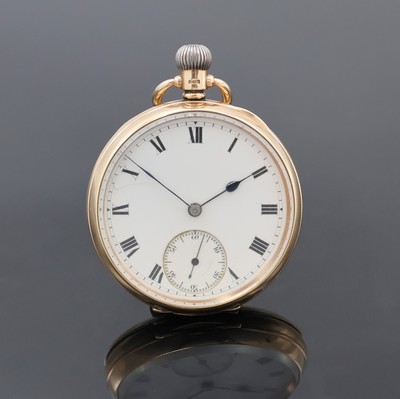 Offene Herrentaschenuhr in RG 375/000, Schweiz/England um 1919, Dennison Gehäuse, Cuvette m. Widmung, Emailzifferbl. riss., röm. Zahlen, gebl. ...