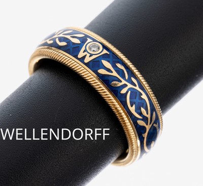 18 kt Gold WELLENDORFF Email-Brillant-Ring, GG 750/000, aus der "Vergissmeinnicht"-Serie, mittlere Ringschiene drehbar, transluzides blaues ...