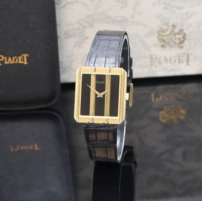 PIAGET Polo Armbanduhr in GG 750/000 Referenz 9163, Schweiz um 1965, Handaufzug, Boden 4- fach verschr., orig. Lederband m. Dornschl. in GG 750/000, ...