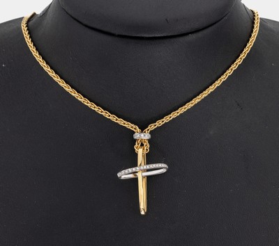 18 kt Gold Brillant-Collier, GG/WG 750/000,Mittelteil mit Kreuz, Brillanten zus. ca. 0.13ct Weiß/si, L. ca. 42 cm, ca. 16.7 g