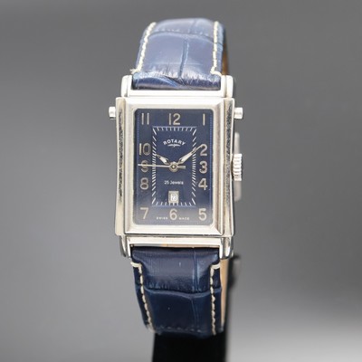 ROTARY rechteckige drehbare Herrenarmbanduhr Referenz G9170, Schweiz um 2000, Automatik, beids. vergl. Geh., Boden 8-fach verschr., blaues ...
