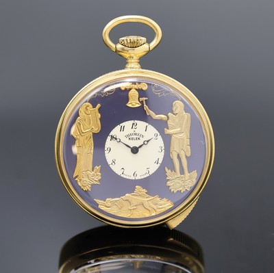 THEOREIN KELEK offene Taschenuhr sogenannte Jacquemart mit 5 Minuten-Repetition, Schweiz um 1985, Handaufzug, verg. Geh. rücks. floral grav., ...