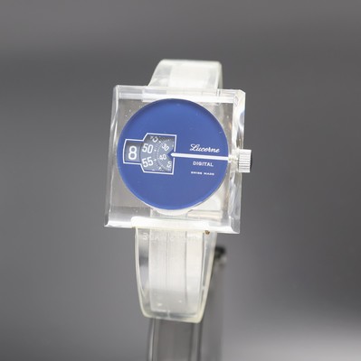 LUCERNE digital Armbanduhr mit springender Stunde, Schweiz 1970er Jahre, Handaufzug, Acryl-Geh., blaues Zifferbl. m. digitaler Anzeige, Kal. Ronda ...