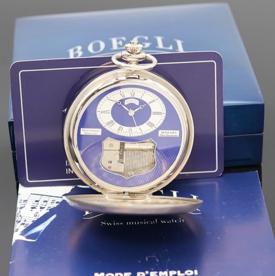 BOEGLI / REUGE Taschenuhr mit Spielwerk der Melodie die Zauberflöte von Mozart, Schweiz verk. lt. beil. Pap. 11/2012, Handaufzug, rücks. Aufzug des ...