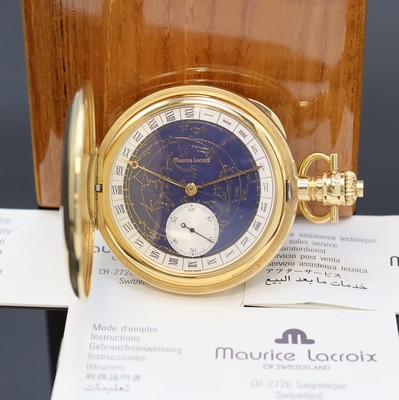 MAURICE LACROIX vergoldete Savonette Referenz 65415, Schweiz verk. lt. beil. Pap. 06/1993, Handaufzug, glattes Geh., blaues Zifferbl. m.gold. u. ...
