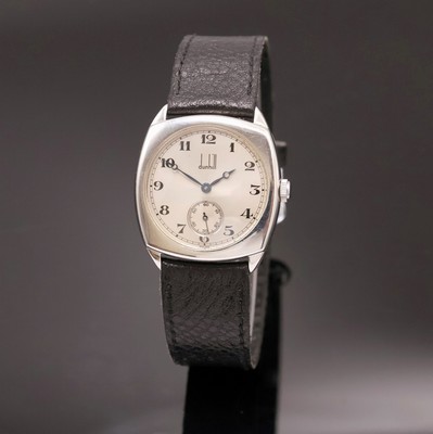 DUNHILL Mechanical Armbanduhr in Stahl, Schweiz um 2005, Handaufzug, 4-fach verschr. Carré-Cambré-Geh., grau-silb. Zifferbl., arab. Zahlen, kl. ...