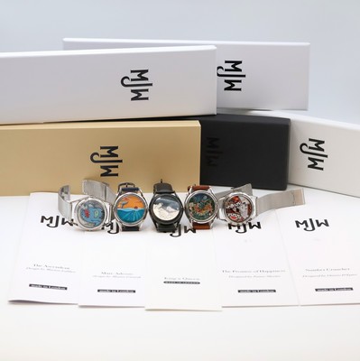 MJW 5 ausgefallene, teilweise limitierte Armbanduhren, England um 2020, Automatik, Edelstahlgehäuse (1x geschw.), Böden aufgedr., verschiedene, ...