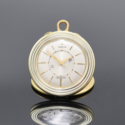 GÜBELIN / LeCoultre Ipso Vox kleiner Tischwecker, Schweiz um 1950, Handaufzug, verg. Geh., Boden aufgedr., silb. Zifferbl. m. gold. Std.-Ind., gold. ...