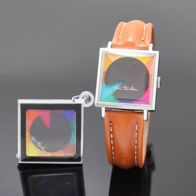 CHROMACHRON/TIAN HARLAN Set bestehend aus Armband- und Anhängeruhr, Schweiz um 1975, Handaufzug, verchromte Geh., Böden aufgedr., Zifferblätter in ...