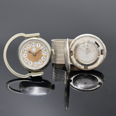 TECHNOS und TRIUSA 2 ausgefallene Uhren, Schweiz um 1930/1965, Handaufzug, 1x TRIUSA Schlüsselring mit Uhr in Nickel, 1x Coins- Watch m. ...