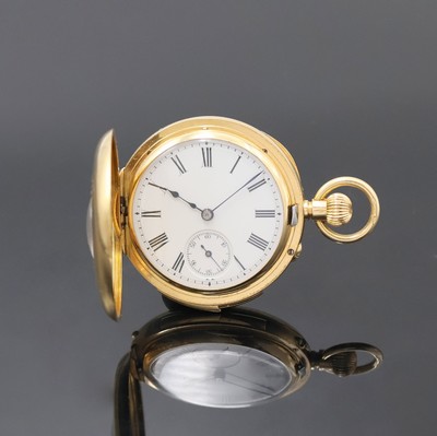 Halbsavonette in GG 755/000 mit 1/4 Stundenrepetition, Schweiz um 1910, glattes Geh. l. dell., Goldcuvette, Sprungdeckel m. röm. Zahlen, ...