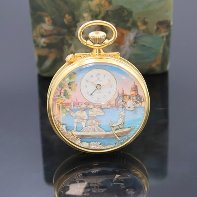 REUGE Taschenuhr mit Wecker-Spieluhr und Figurenautomat, Schweiz um 1990, verg. Geh., Rückdeckel m. grav. Musikinstrumenten, weißes Zifferbl. b. ...