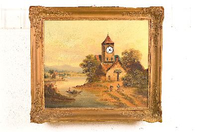 Bilderuhr, Frankreich um 1850, gestuckter und profilierter Holzrahmen, sek. brüniert, Malerei Oel auf Leinwand, doubliert, Landschafts Szenerie am ...