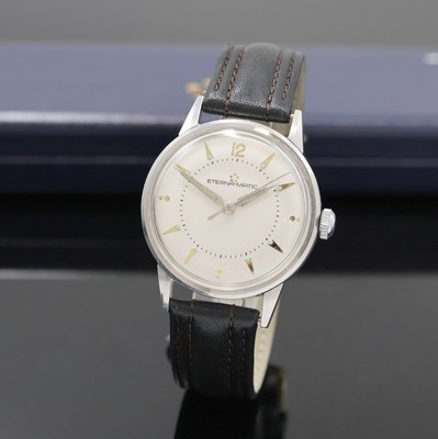 ETERNA-MATIC Armbanduhr in Edelstahl, Schweiz um 1990, Automatik, 3-teil. Geh., Boden u. Glasrand aufgedr., silb. Zifferbl. m. gold. Ind. u. silb. ...