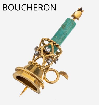 18 kt Gold BOUCHERON Aventurin-Citrin- Diamant-Brosche, 1950er Jahre, GG 750/000, Kerze aus Aventurin, Flamme Citrin-Cabochon ca. 0.03 ct, 5 ...
