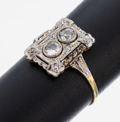 14 kt Gold Art Deco Diamant-Ring, 1920er, GG 585/000 und Platin, 2 Altschliffdiamanten und 6 Diamantrosen zus. ca. 0.30 ct Weiß/si-p,RW 54, ca. 2.0 ...