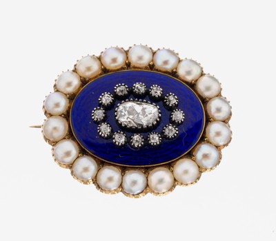 14 kt Gold Biedermeier Diamant-Perl-Brosche, um 1840, GG 585/000, rs. verbödet, 13 Altschliffdiamanten zus. ca. 0.40 ct Weiß/si, Rand mit Perlen, ...