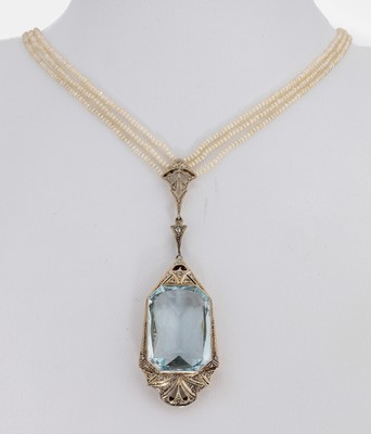 Art Deco Aquamarin-Perl-Collier, 1920er Jahre, 3-rhg. Orientperlen, endlos, Abhängung, GG 585/000 und Platin, facett. Aquamarin ca. 25.0ct, ...