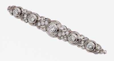 14 kt Gold Art Deco Diamant-Brosche, wohl deutsch, 1920er Jahre, WG 585/000, 5 Altschliffdiamanten und 20 8/8-Diamanten zus. ca. 1.50 ct ...