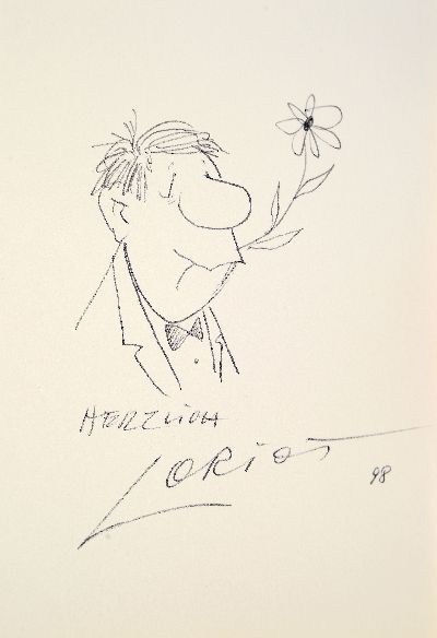 Loriot (Vicco von Bülow), 1923-2011, Zeichnung eines Knollennasenmännchens mit Blume, sign. Herzlichst Loriot 98, ca. 14.5x 10.5cm