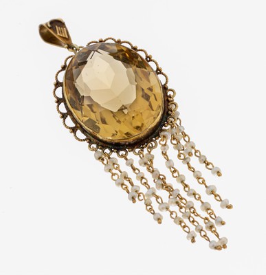 14 kt Gold Jugendstil Citrin-Perl-Anhänger, um1900, GG 585/000, ovalfacett. Citrin ca. 8.0 ct, Ketten-Abhängungen mit kl. Orientperlen, L. ca. 5 ...