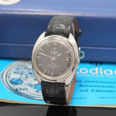 ZODIAC Spacetronic Armbanduhr in Edelstahl Referenz 57274, Schweiz lt. beil. orig. Pap. verk. 03/1969, elektromechanisch, 3-teil. Geh., Boden u. ...