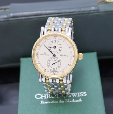 CHRONOSWISS Regulateur Herrenarmbanduhr in Stahl/Gold, Schweiz um 2000, Automatik, beids. vergl. Geh., Boden verschr., silb. Zifferbl. m. röm. Std. ...