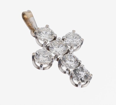 14 kt Gold Brillant-Kreuzanhänger, WG 585/000, 6 Brillanten zus. ca. 1.60 ct Weiß/si-p1, L. ca. 2.5 cm, ca. 1.9 g