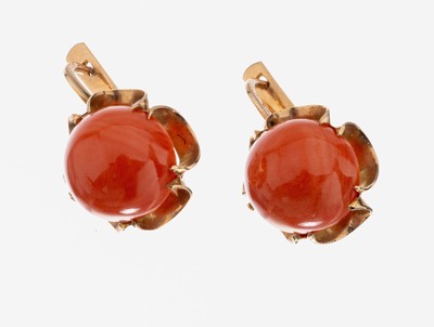 Paar 14 kt Gold Korallen-Ohrgehänge, 1950er Jahre, RG 585/000, 2 feine Korallen- Boutons, D. ca. 13.5 mm, L. ca. 2 cm, ca. 10.4g, Versand nur ...