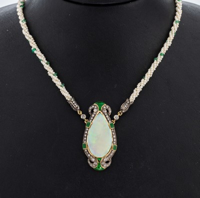18 kt Gold und Silber Opal-Brillant-Email- Collier, GG 750/000 und Silber gepr., Opal-Tropfen ca. 8.50 ct, Brillanten zus. ca. 2.20 ct ...