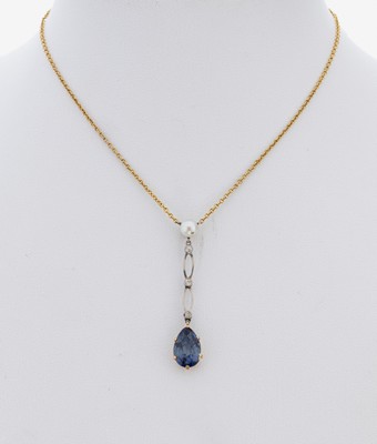 14 kt Gold Saphir-Diamant-Collier, RG 585/000 und Platin, facett. Saphir-Tropfen ca.1.50 ct, 3 Altschliffdiamanten zus. ca. 0.05 ct, kl. ...