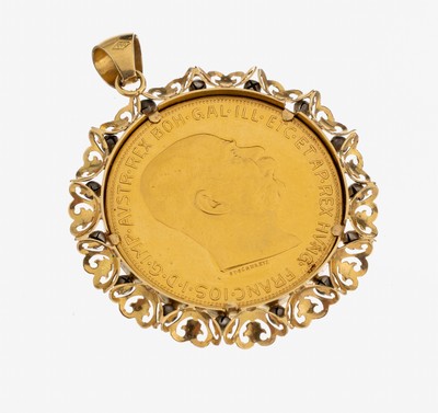 18 kt Gold Münz-Anhänger, GG/WG 750/000, Goldmünze: 100 Kronen, Österreich/Ungarn 1915,Franz Joseph I., offizielle Nachprägung, ca. 43.8 g