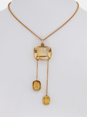 9 kt Gold Citrin-Collier, England um 1900, RG 375/000, 3 facett. Citrine zus. ca. 16.0ct, L. ca. 45 cm, Kastenschloss, ca. 11.8 g