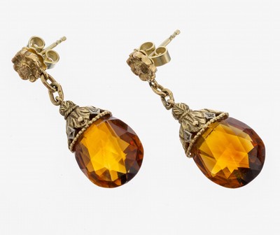 Paar 14 kt Gold Citrin-Ohrgehänge, GG 585/000, 2 facett. Citrin-Pampeln zus. ca. 8.0ct, L. ca. 3 cm, ca. 7.6 g