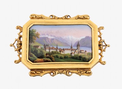 18 kt Gold Brosche mit Emailmalerei, Schweiz um 1820-30, GG 750/000, schlichte Rahmung, rs. Lötstelle, feine Malerei, Darstellung der Stadt Luzern ...