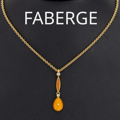 18 kt Gold FABERGE Brillant-Collier, GG 750/000, limitierte Auflage 20/1000, Anhänger orangefarb. transl. emaill., 2 kl. Brillanten zus. ca. 0.04 ...