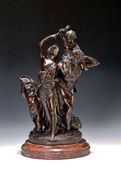 Nach Claude Michel Clodion (1738-1814), Triumph des Bacchus, Bronze, späterer Guß, auf roter Marmorplinthe (best.), H. 48 cm, schwere Qualität