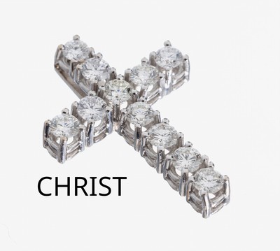 14 kt Gold CHRIST Brillant-Kreuzanhänger, WG 585/000, 11 Brillanten zus. ca. 0.80 ct feines Weiß-Weiß/vs-si, L. ca. 2 cm, ca. 1.7 g
